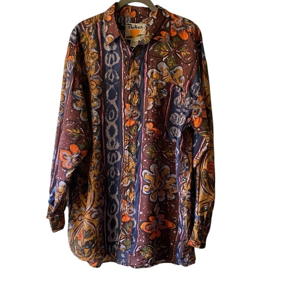 VTG Protest Colorful Floral 100% Silk Longsleeve Button Down Shirt SZ M 80’s 90s - Picture 1 of 8